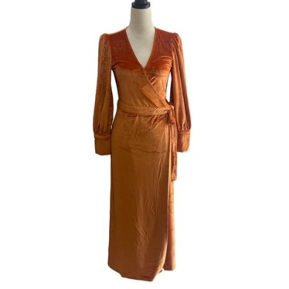 NWT Maxi Long Sleeved Wrap Dress with Detailed Jeweled Cuffs and Puff Shoulders